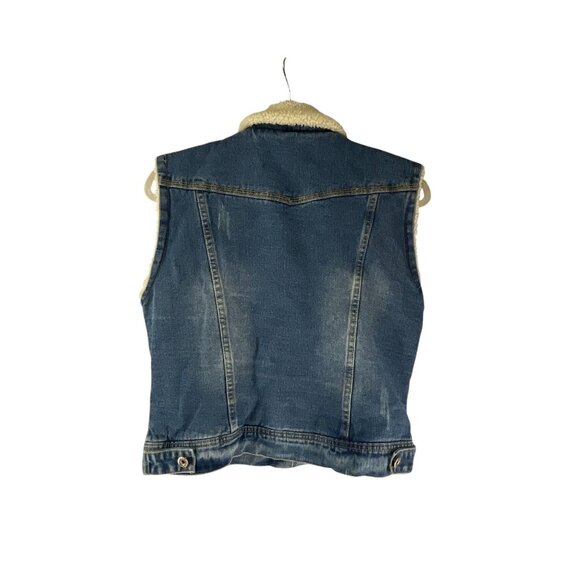 Omoone Sherpa-Lined New Denim Vest Button Closure M Blue Sleeveless Jacket Stree - Picture 3 of 7